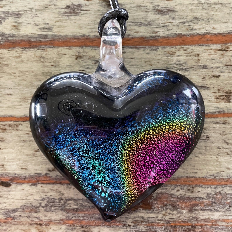 Lampwork Heart Necklace, Glass Heart on Black Corded Choker Black Rainbow