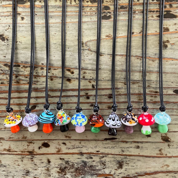 Glass Mushroom Necklace, Lampwork Glass 32mm Mushrooms on Black Cord