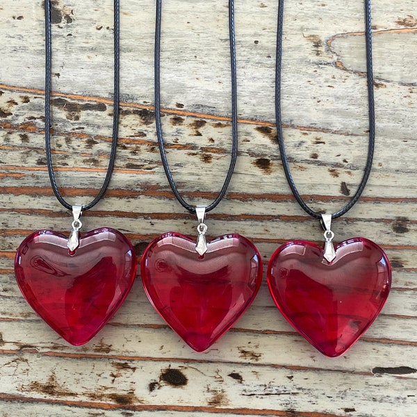 Red Heart Glass Necklace, 42mm Deep Red Large Heart Pendant on Black Cord