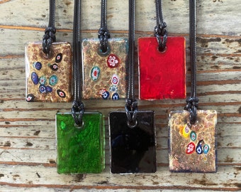 Lampwork Necklace, Rectangular Dog Tag, Black Corded Choker 45mm