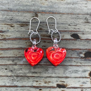 Lampwork Heart Earrings, Floral Rose Glass Hearts 20mm