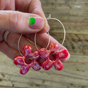 Glass Lampwork Earrings, Red Flowers, 25mm