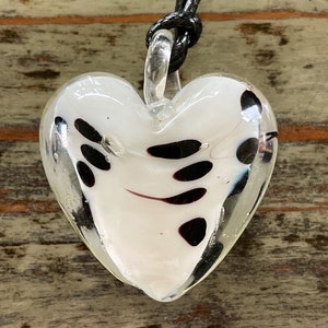 Lampwork Heart Necklace, Glass Heart on Black Corded Choker White Polka Dots