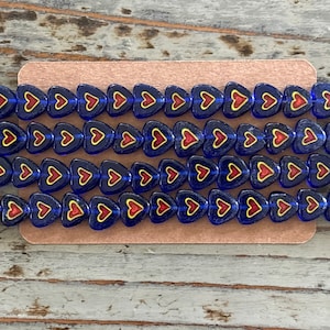 Lampwork Heart Beads, 10mm Blue and Red Glass Strands