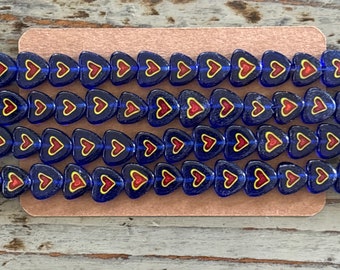Lampwork Heart Beads, 10mm Blue and Red Glass Strands