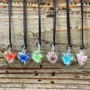 Lampwork Heart Necklace, Glass Flower Heart on Black Corded Choker