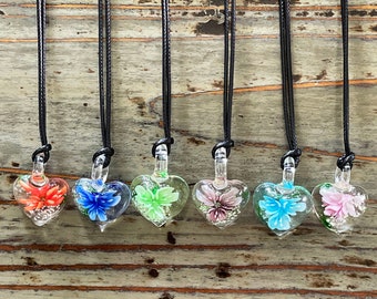 Lampwork Heart Necklace, Glass Flower Heart on Black Corded Choker