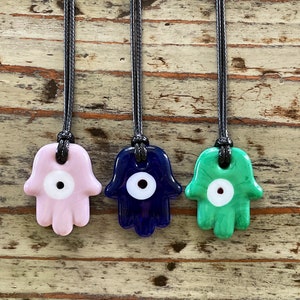Lampwork Hamsa Evil Eye Necklace, 35mm Black Corded Glass Nazar Necklace