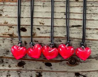 Red Heart Glass Necklace, 20mm Deep Red Large Heart Pendant on Black Cord