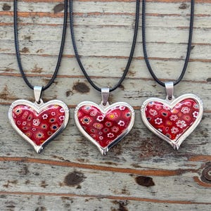 Red Heart Glass Necklace, Classic Millefiori Heart Pendant on Black Cord