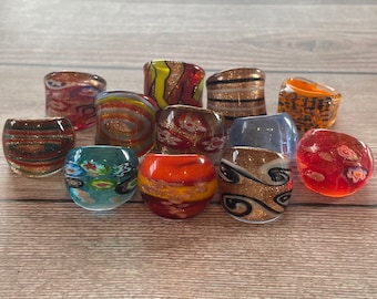 Women’s  Gold Sand, Solid Colors, Flowers, Silver Foil Millefiori Statement Jewelry Lampwork Murano Glass Rings, Mixed Color, Mixed Size