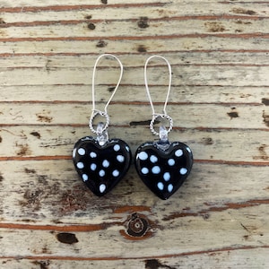 Black Heart Lampwork Earrings, Large Glass Polka Dot Hearts