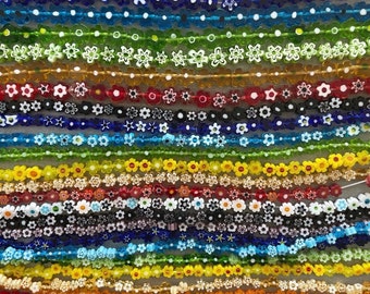 Millefiori Flower Glass Beads, Rainbow, 4mm, 6mm and 8mm strands of Multicolor Flowers