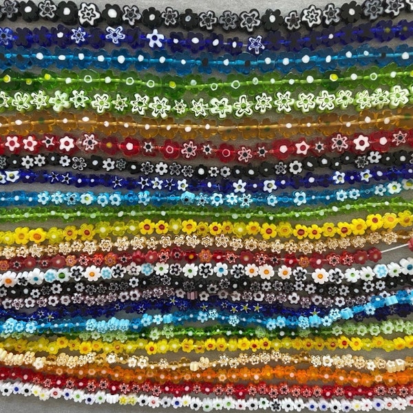 Millefiori Flower Glass Beads, Rainbow, 4mm, 6mm and 8mm strands of Multicolor Flowers