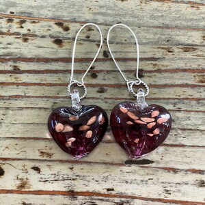 Lampwork Earrings, Purple Hearts 44mm