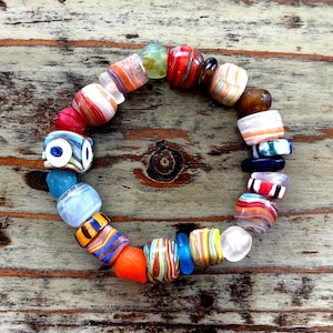 Krobo Glass Beaded Bracelets, Beautiful, Colorful 7” African Trade Bead Bracelet