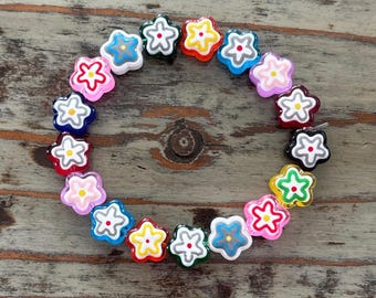 Lampwork Flower Bracelets, Mixed Glass Flowers with Enamel, 7” Beaded Bracelet