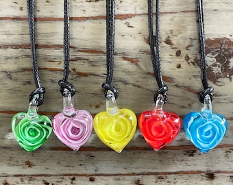 Glass Heart Necklace, Black Lampwork Flowers Corded Choker