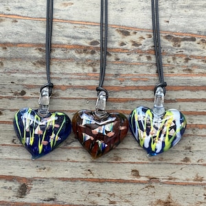 Glass Heart Necklace, Black Corded Choker 40mm Lampwork Hearts