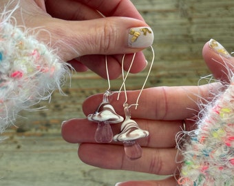 Glass Lampwork Earrings, Pink Mushrooms, 25mm