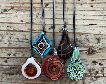 Lampwork Glass Necklace, Large Pendants on Black Cord