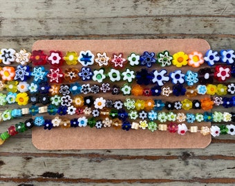 Millefiori Flower Glass Bead Strands, Mixed Color, Mixed Size 8mm, 6mm, 4mm Strands of Colorful Lampwork Flowers