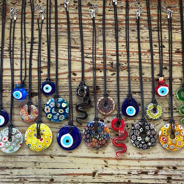 Millefiori Necklace-Black Corded Large Pendants 16mm~55mm Black Corded Necklace, Snakes, Drop, Evil Eye, Disc