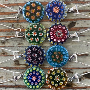 Millefiori Glass Drop Earrings, Multicolor Glass Flower Pendants