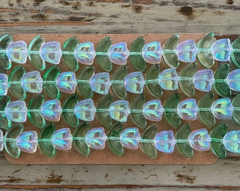 Cuentas de flores de vidrio, tulipán y hoja de 14 mm, transparente iridiscente
