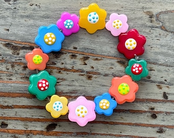 Lampwork Flower Bracelets, Mixed Glass Flowers with Enamel, 7” Beaded Bracelet