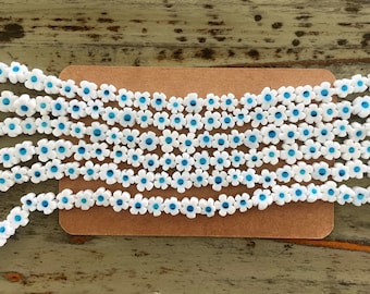 Millefiori Murano Flower Beads Glass Strands, White Daisy Blue Center, 6mm