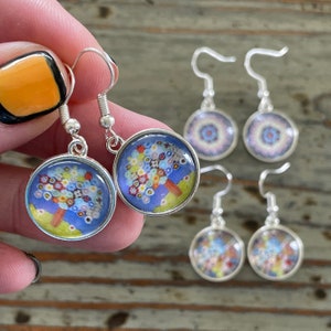 Millefiori Glass Drop Earrings: Colorful Flower Design