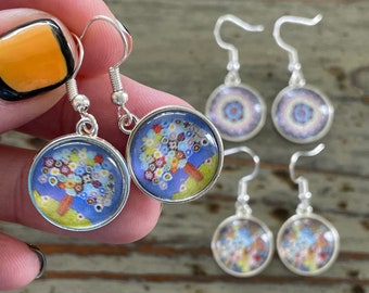 Millefiori Glass Drop Earrings, Multicolor Glass Flower Earrings