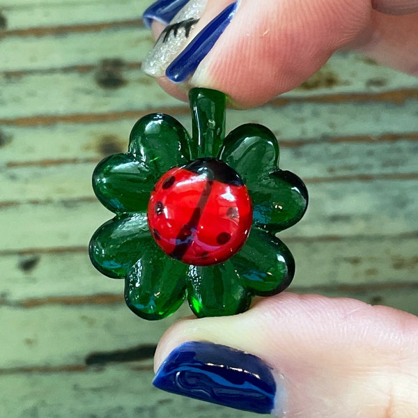 Lampwork Glass Ladybug, Green Garden Ladybug 30mm, Display, Decoration, Figurine