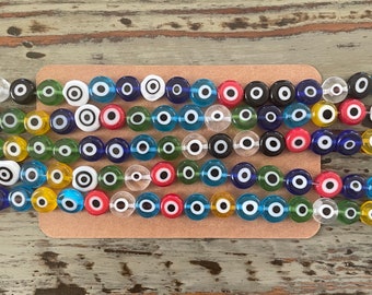 Evil Eye Glass Bead Strands, Mixed Color Flat Round 8mm