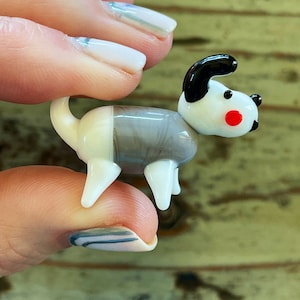Glass Dog Figurine, Gray and White Lampwork Glass Dog