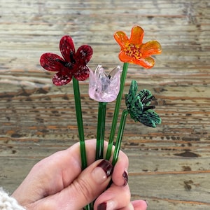 Glass Flower Stems Beautiful Lampwork Flowers 6”