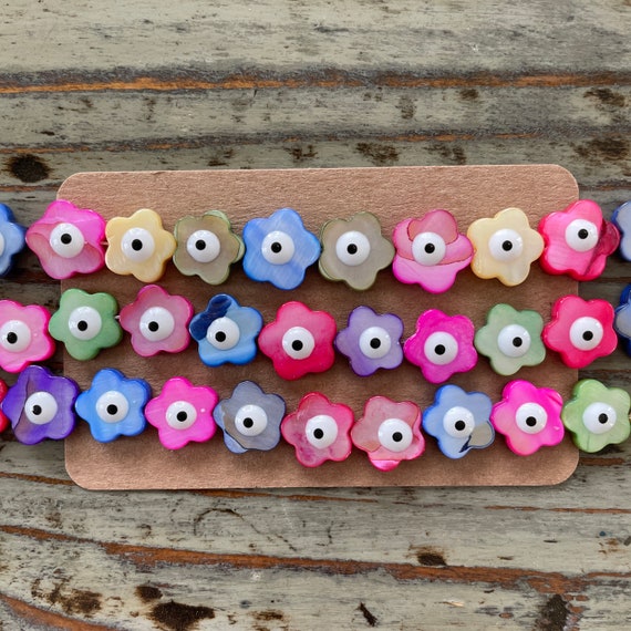 Evil Eye Bead Strand: Dyed Shell Flower Beads, Enamel Eyes (12mm)