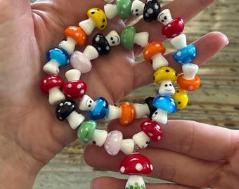Glass Beaded Mushroom Necklace, Lampwork Smiling Mushrooms