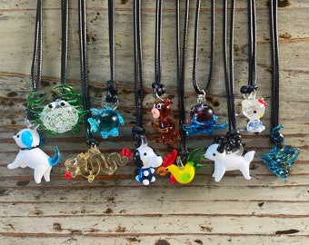 Lampwork Glass Animal Necklace- Animal Pendants Black Corded Choker, Chinese Spirit Animals