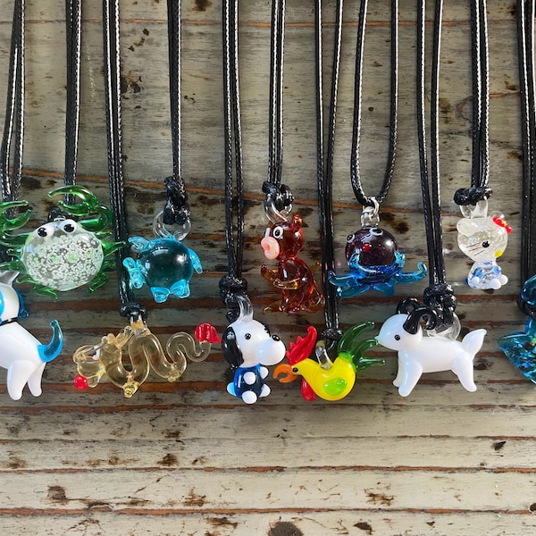 Lampwork Glass Animal Necklace- Animal Pendants Black Corded Choker, Chinese Spirit Animals