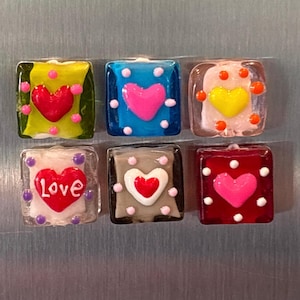Glass Magnet Set, Lampwork Square Heart Bead Magnets, Set of 6
