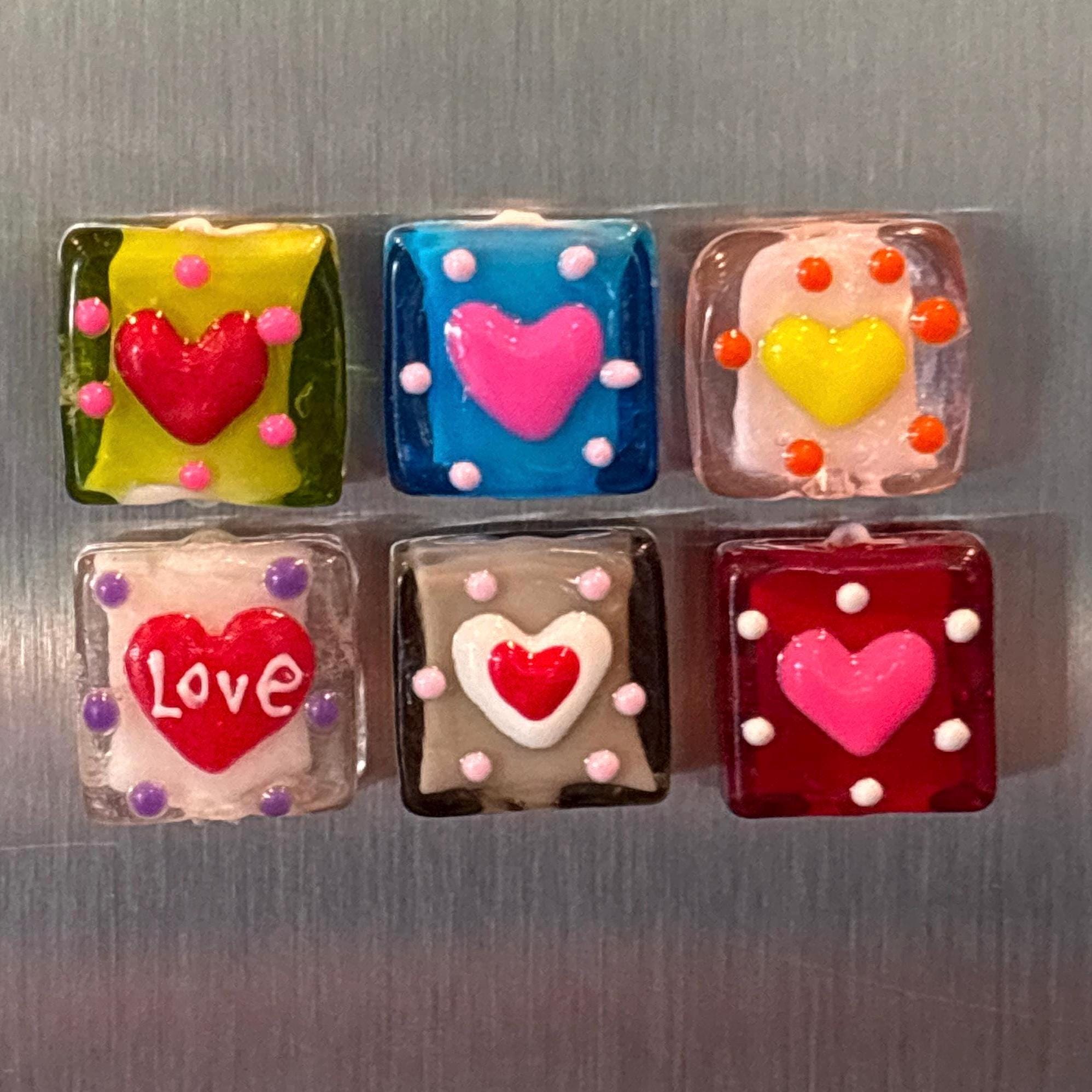 Glass Magnet Set, Lampwork Square Heart Bead Magnets, Set of 6