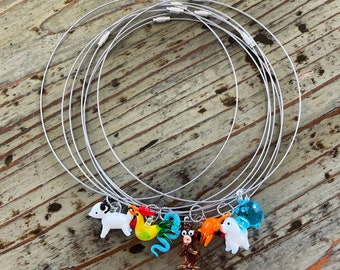 Lampwork Choker Necklace- Glass Spirit Animals Pendants on 17” Silver Collar