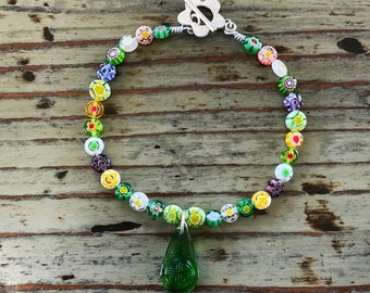 Millefiori Murano Anklets, Glass Flower Beads with Murano Green Longevity Drop on Wire, Perfect for Summer