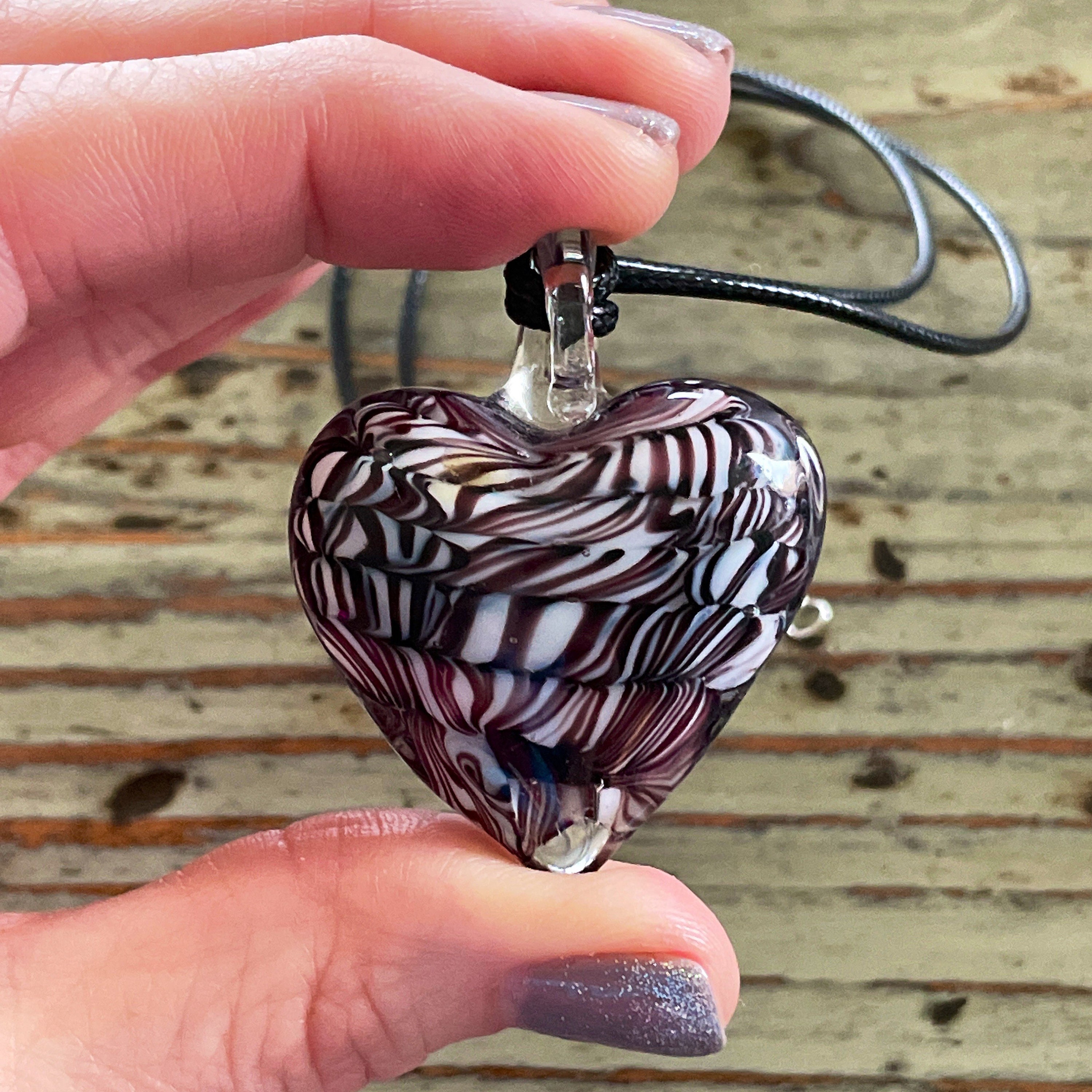 Glass Heart Necklace, Black Corded Choker 35~45mm Lampwork