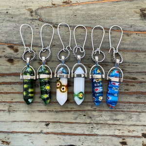 Millefiori Drop Point Earrings, Multicolor Glass Flower Pendants