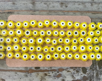 Millefiori Murano Flower Beads Glass Strands, Yellow Sunflowers, 9mm