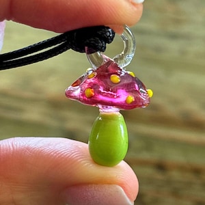 Glass Mushroom Necklace, Lampwork Mushrooms on Black Cord