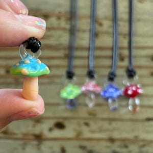 Glass Mushroom Necklace, Lampwork Mushrooms on Black Cord